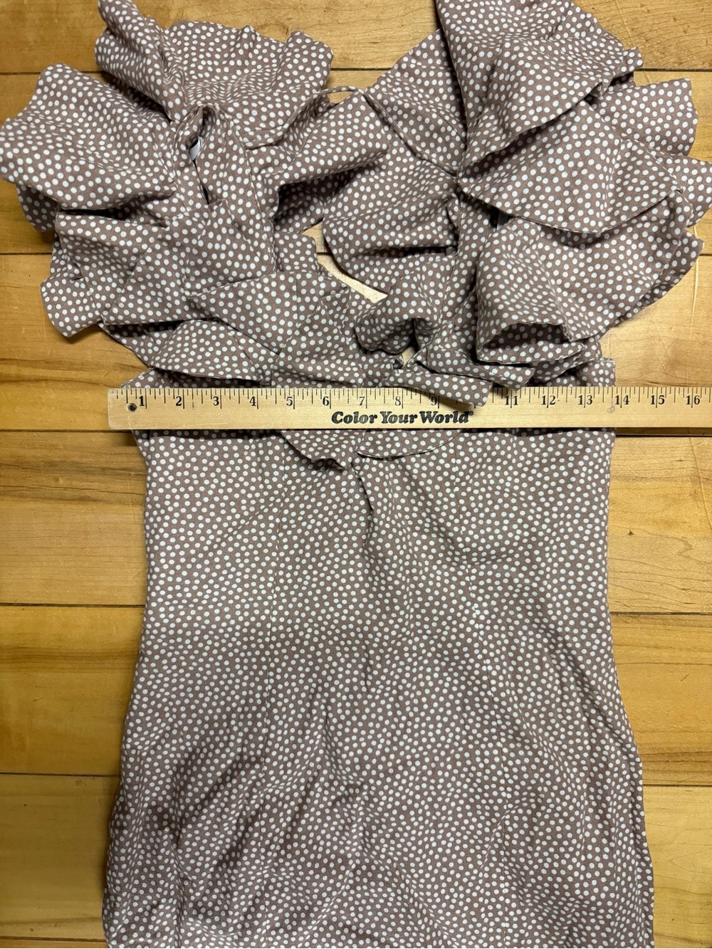 Bardot Polka Dot Linen Blend Ruffle Mini Dress Taupe Cottagecore Size 4 Summer - Picture 11 of 13